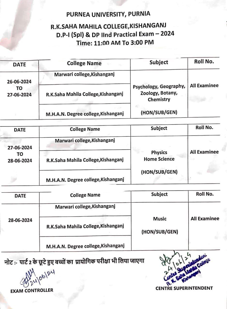 RKS Mahila College Kishanganj Degree Part 1 Practical Exam Programme 2024