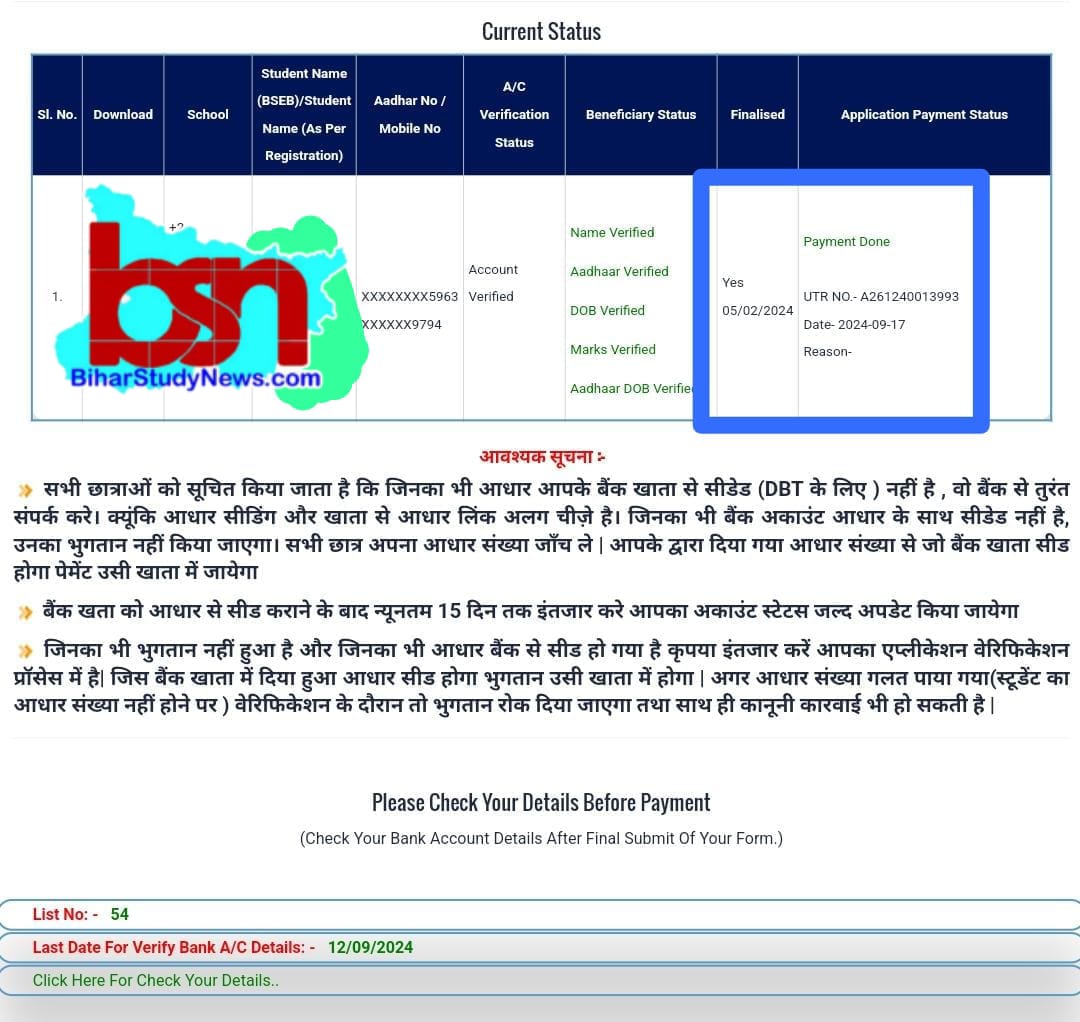 Inter Kanya Utthan payment received 2024