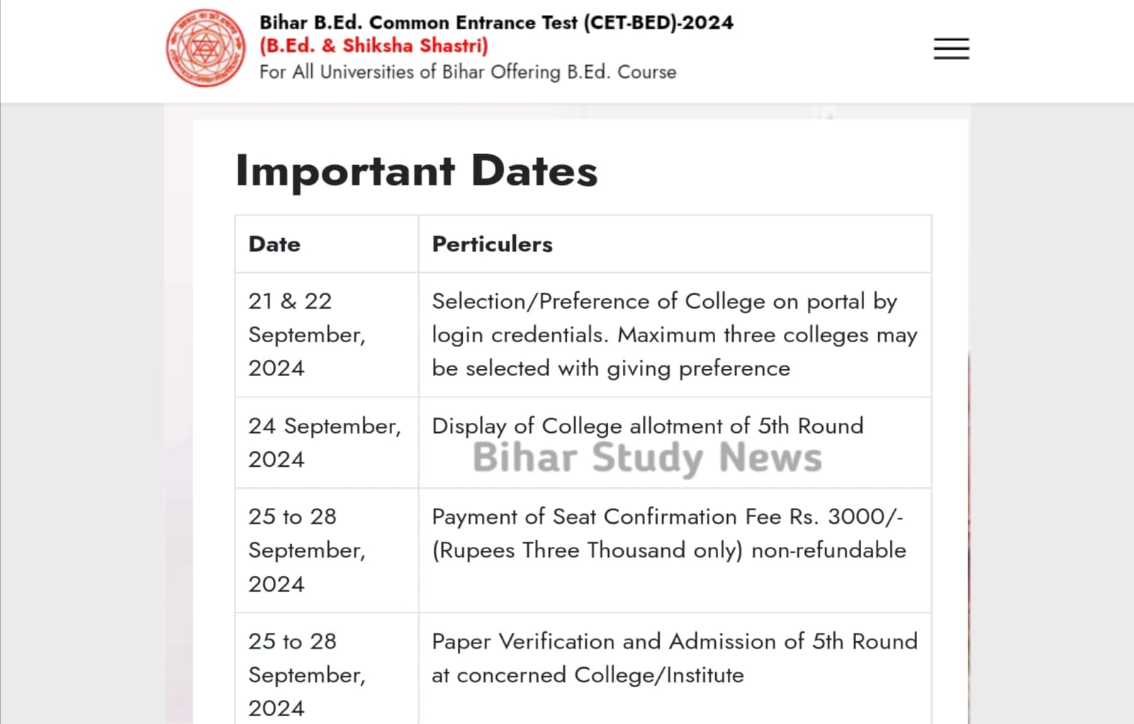 Bihar BEd Admission College Edit for 5th Merit List 2024