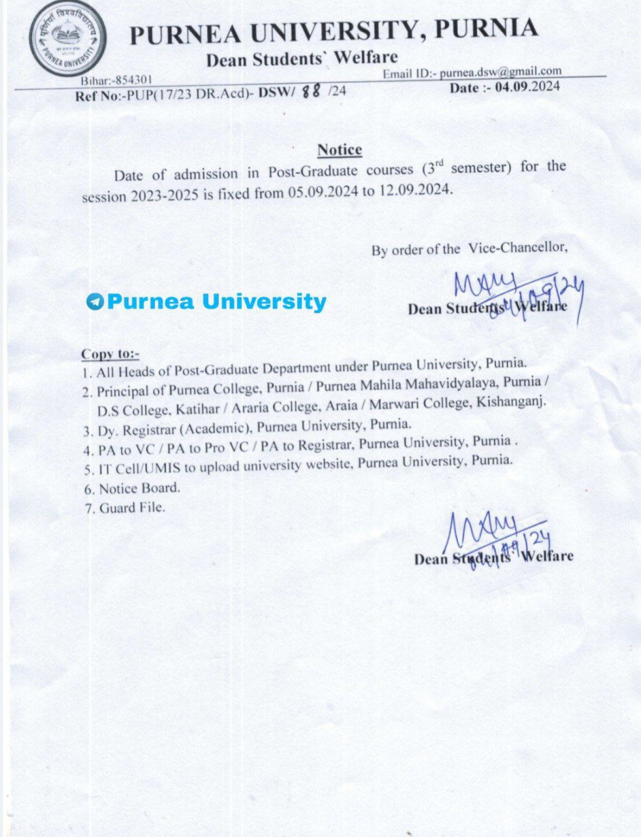 Purnea University PG 3rd Sem Admission 2024