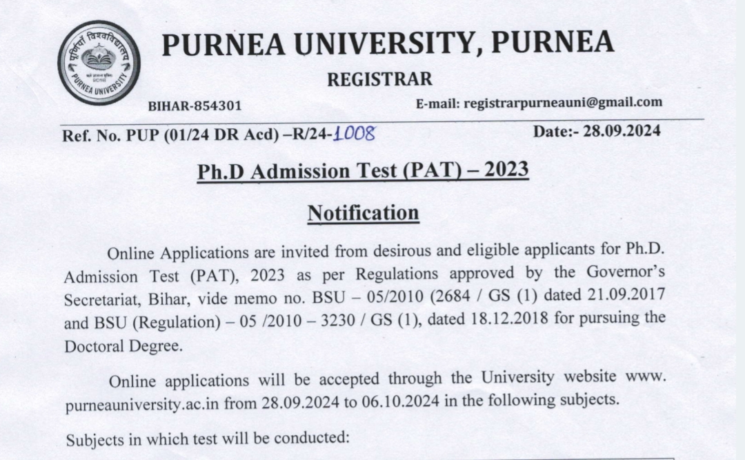Purnea University PhD Admission Test 2023 Online Apply