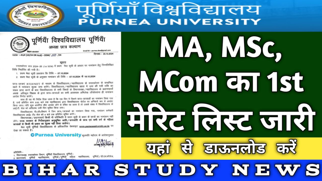 Purnea University PG Admission 1st Merit List 2024