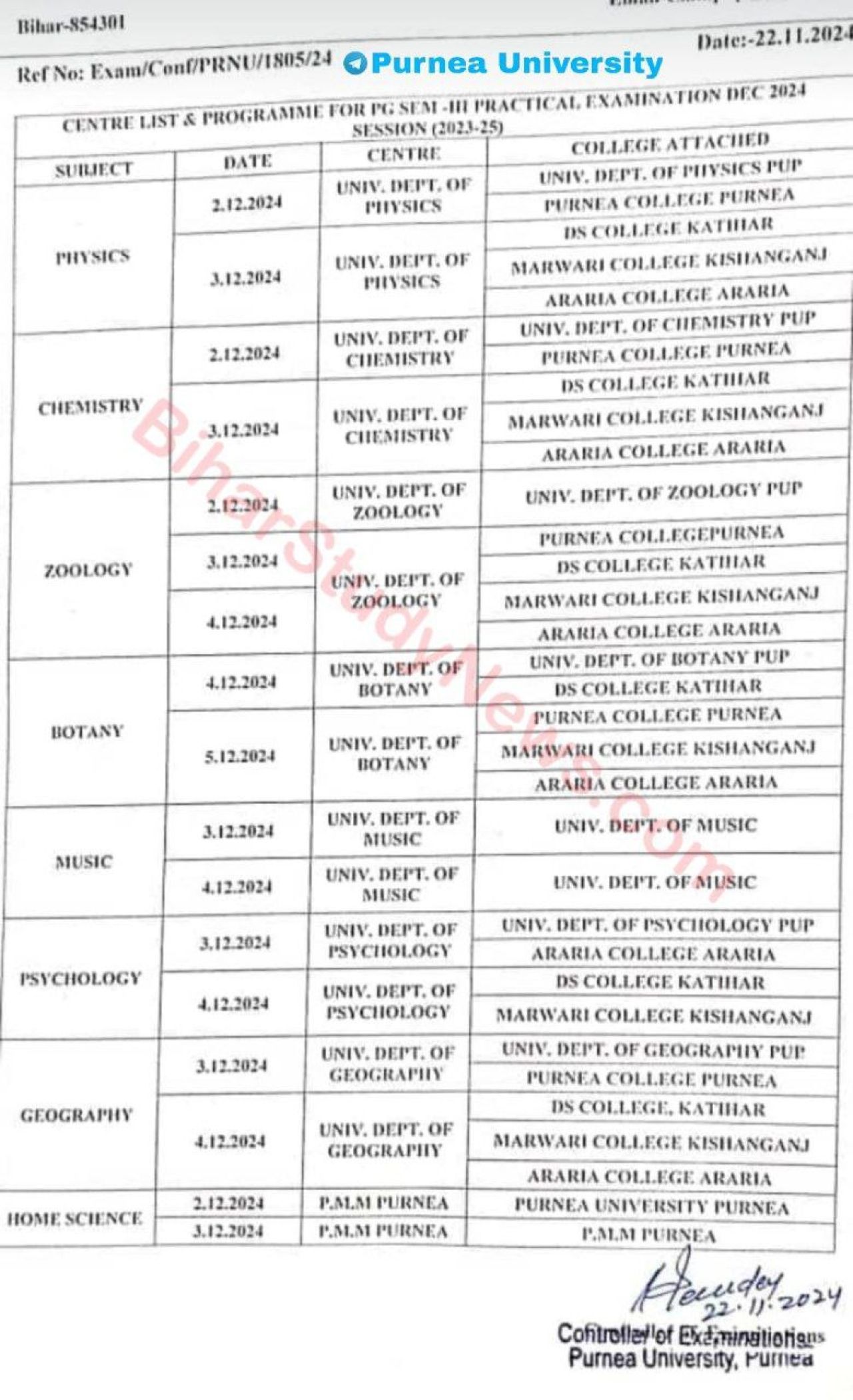Purnea University PG 3rd Sem Practical Exam Date 2024