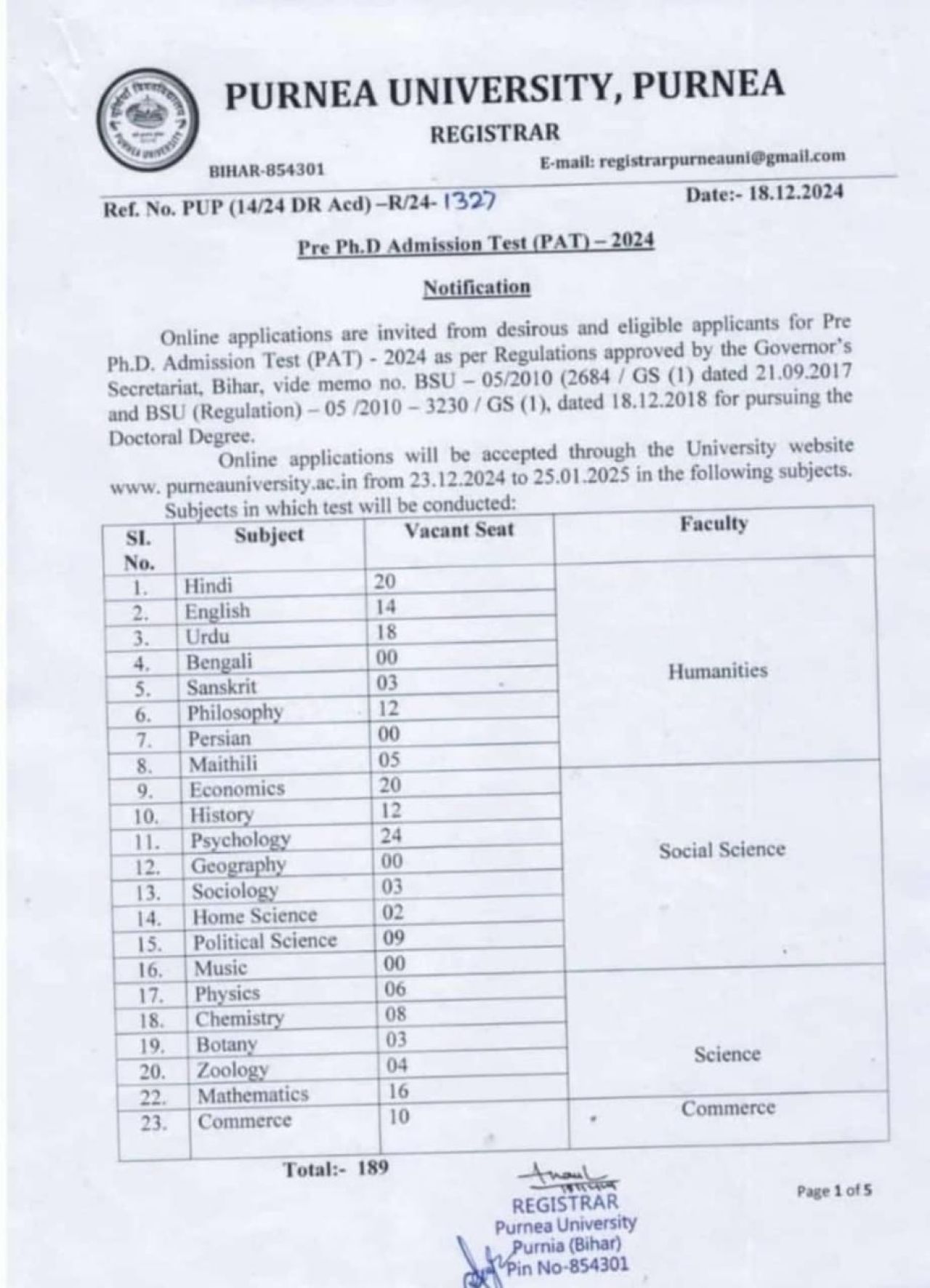 Purnea University PhD Admission Test PAT - 2024