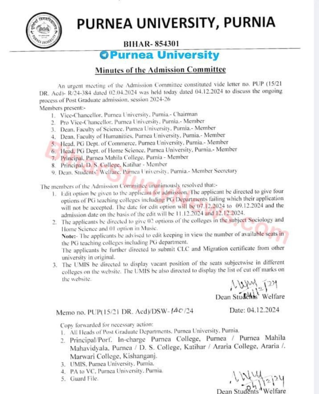 Purnea University PG 1st Semester Admission 2024 Edit Option