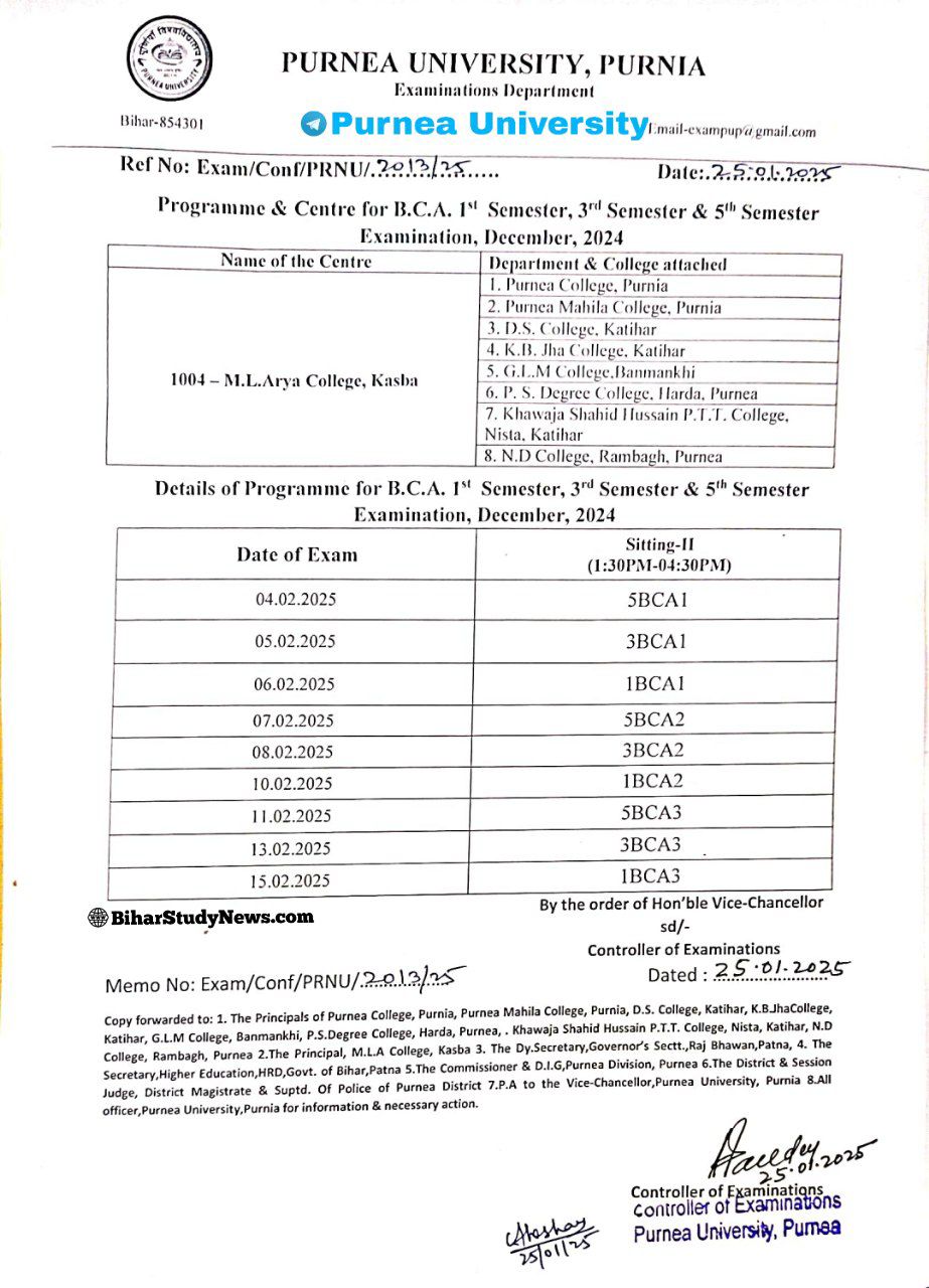 BCA 1st Sem BCA 3rd Sem BCA 5th Sem Exam Programme 2025