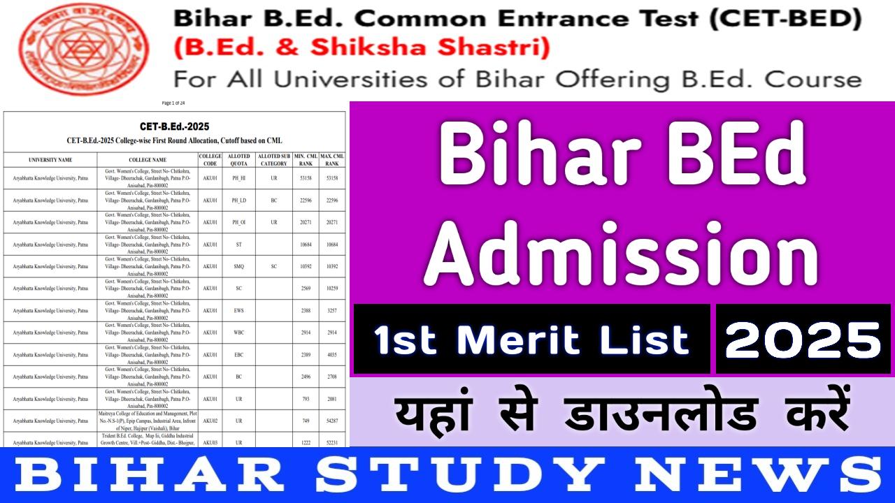 Bihar BEd Admission 1st Merit List 2025