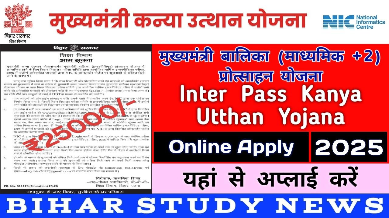Inter Pass Kanya Utthan Yojana Online Apply 2025