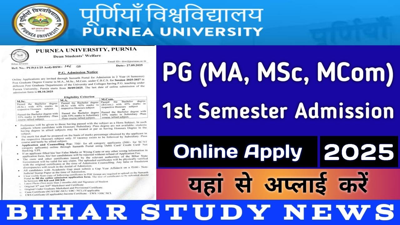 Purnea University PG 1st Sem Admission Online Apply 2025