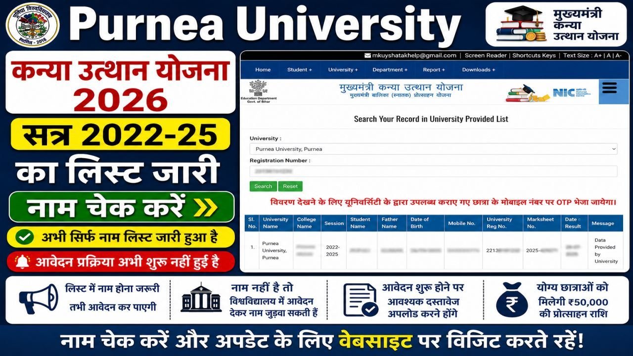 Purnea University Graduation Pass Kanya Utthan Yojana Name and Status Check 2026