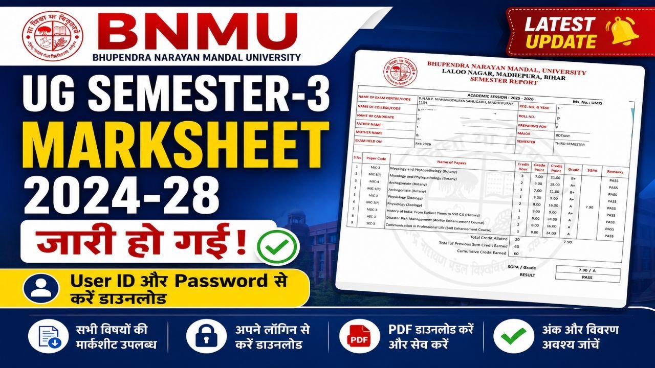 BNMU UG Semester 3 Marksheet 2024-28 Released
