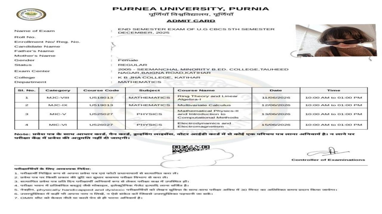 Purnea University UG Sem- 5 Admit Card