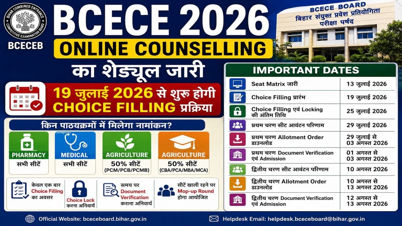 BCECE 2026 Online Counselling Schedule Released Choice Filling Starts from 19 July for Pharmacy, Medical & Agriculture Admissions