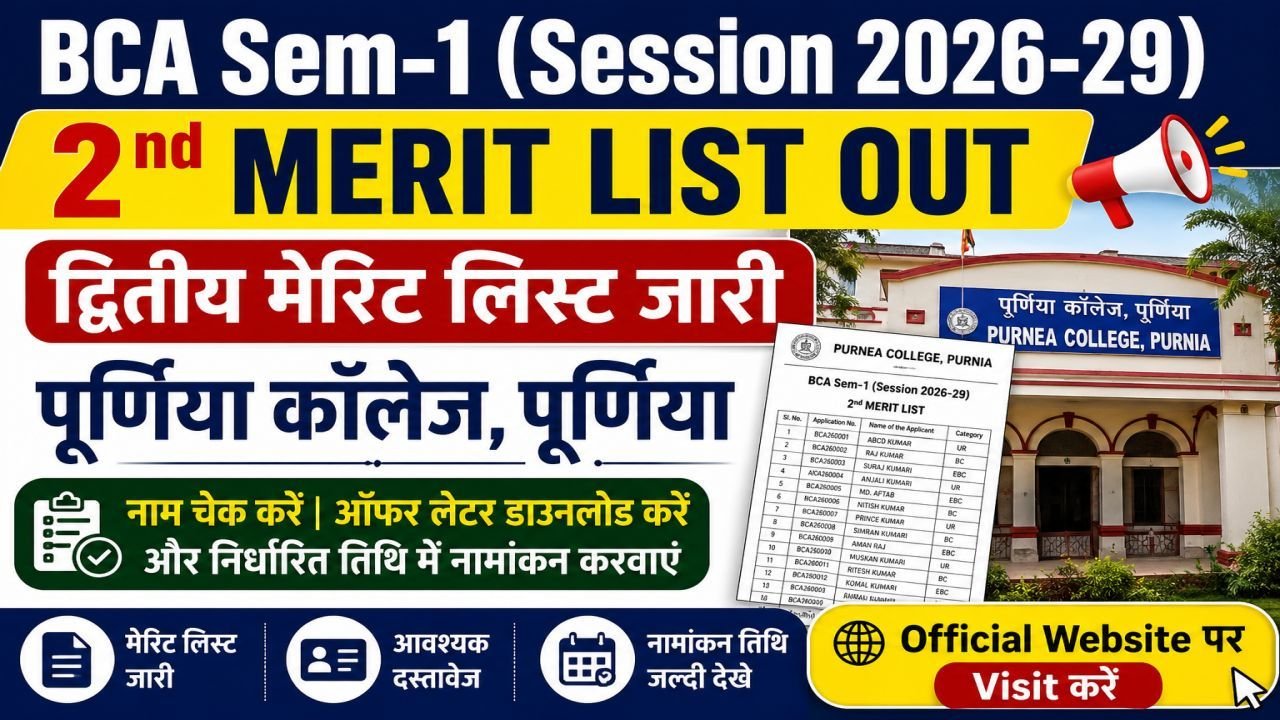 Purnea College, Purnea BCA Sem-1 Session 2026-29 2nd Merit List Out