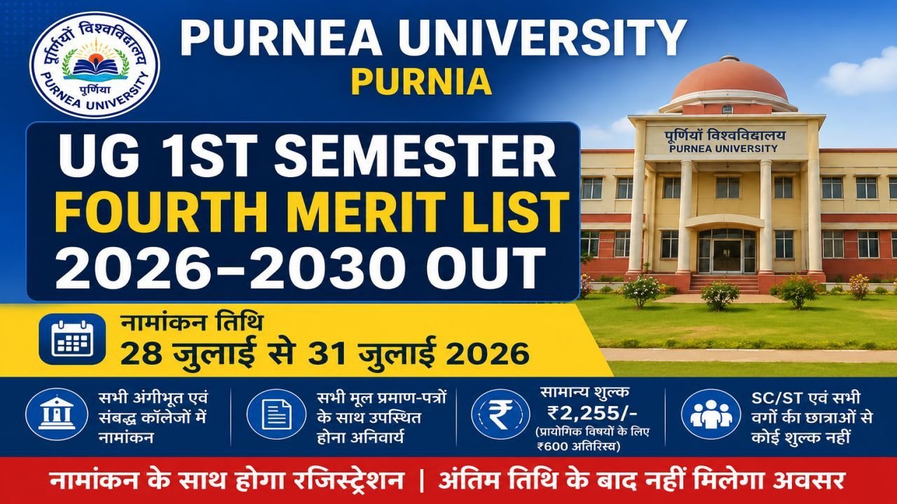 Purnea University UG 1st Semester Fourth Merit List 2026-30 Out