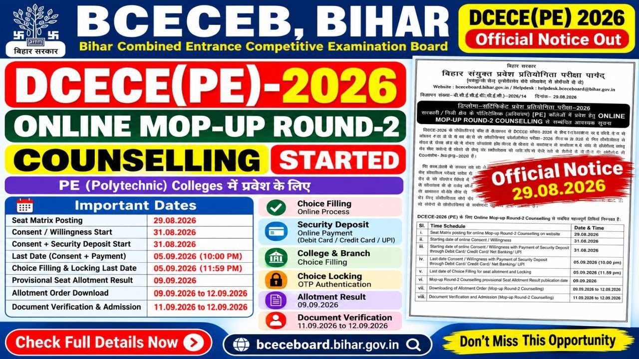 DCECE(PE) 2026 Online Mop-up Round-2 Counselling