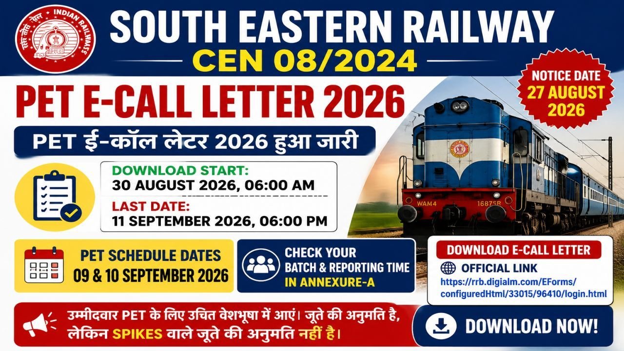 South Eastern Railway CEN 08/2024 PET E-Call Letter 2026